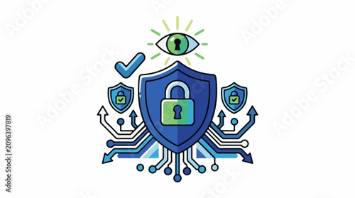 A blue shield with a green lock and eye above surrounded by circuit board lines and security symbols