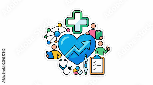 A blue heart with a rising arrow surrounded by medical icons