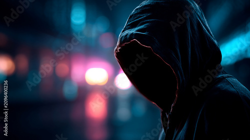 Mysterious person in hooded sweatshirt standing in dark city alleyway