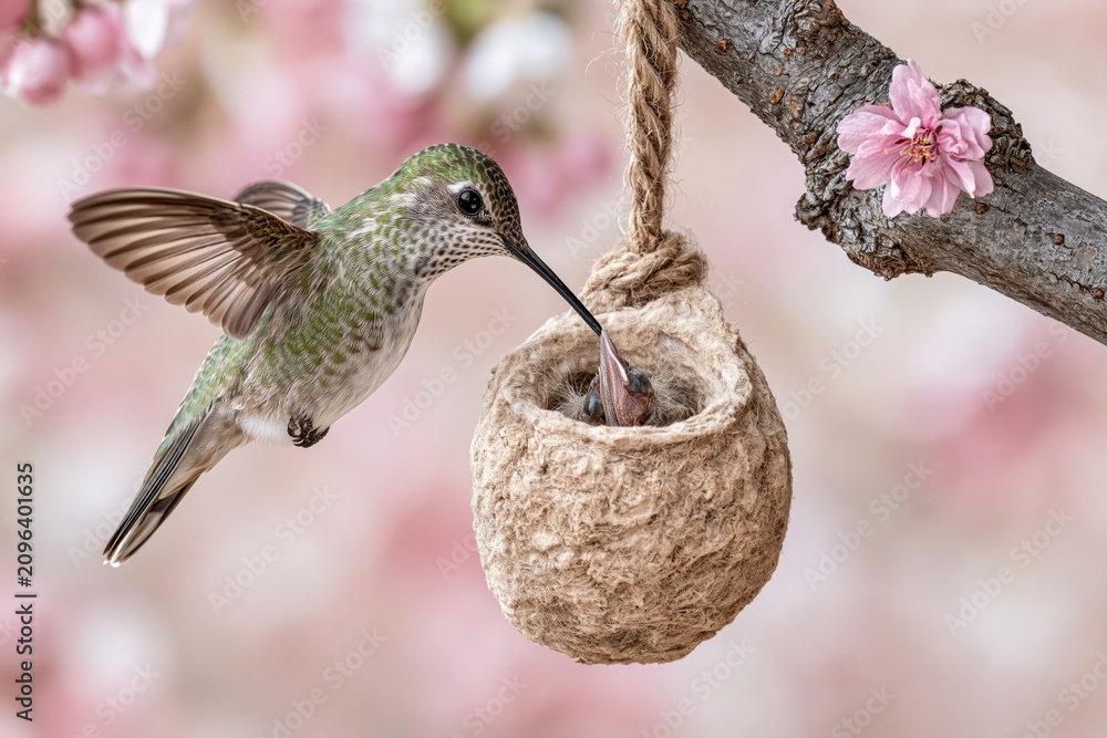 Fototapeta premium Mother hummingbird feeding newborn chicks in a delicate nest amidst blooming pink cherry blossoms