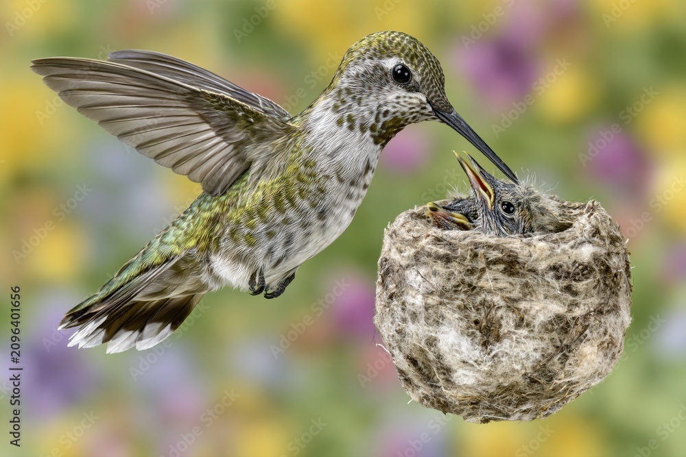 Fototapeta premium A mother hummingbird feeding her hungry chick in a cozy nest, with vibrant flowers in the background.