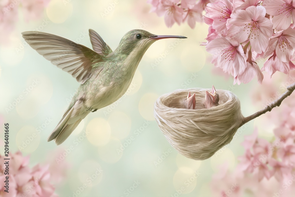 Fototapeta premium A delicate hummingbird hovers near a nest with hungry chicks, surrounded by soft pink cherry blossoms in spring.