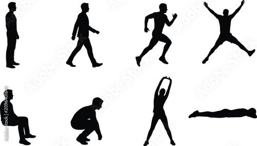 Human Activity Silhouette Collection with Walking Running Jumping Sitting Stretching and Exercise Vector Set