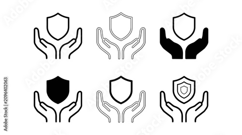 Set of six protective shield icons with open hands isolated on transparent background, Vector