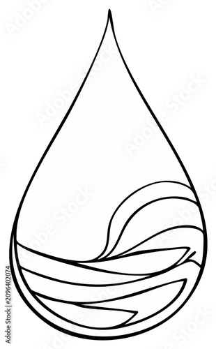 Water drop graphic with internal wavy lines, black and white outline.