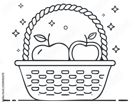 Hand drawn illustration of a basket filled with apples and stars