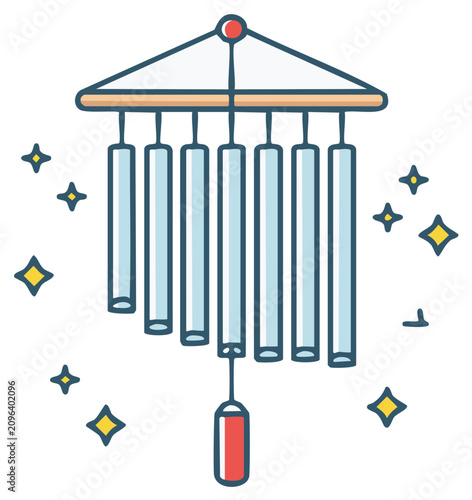 Wind Chime Design Illustration with Metal Tubes and Stars for Calming Sounds, Harmony, and Relaxation