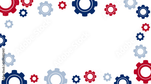Clean white space frame for mechanical industry news with red and blue gears. This graphic is for Labor Day announcements, industrial engineering news, and technical project presentations.