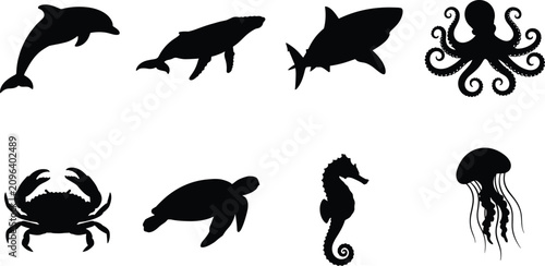Marine Animal Silhouette Collection with Dolphin Whale Shark Octopus Turtle Crab Jellyfish and Seahorse