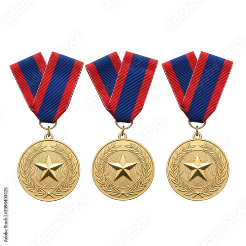 Gold medals, star shaped, with red blue ribbons, award symbols
