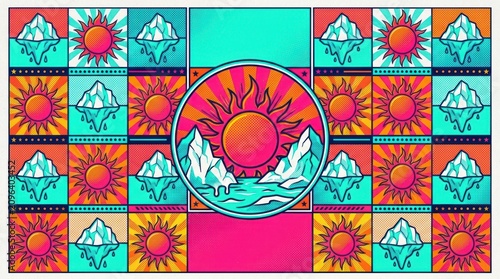 Bright sun shining over icy mountains and flowing water in a vibrant grid pattern