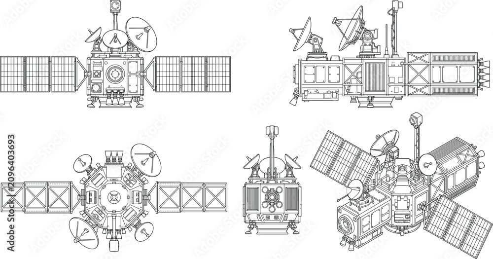 Obraz premium Satellite and Spacecraft Technical Line Drawing Collection with Multiple Orbital Communication System Views