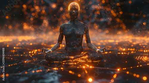 High-Detail 3D Render of Meditating Robot with Luminous Energy Lines, Dark Background, Spiritual and Technological Harmony
