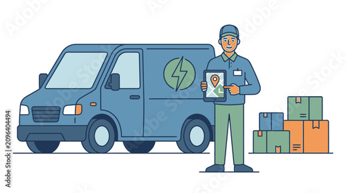 Delivery driver checking tablet with map location near his blue van