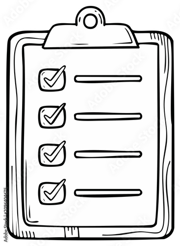 Checklist on clipboard, hand-drawn outline, complete tasks, list with checkboxes, success concept