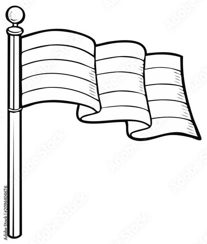 Waving striped flag on flagpole, hand drawn black and white illustration representing national pride and freedom