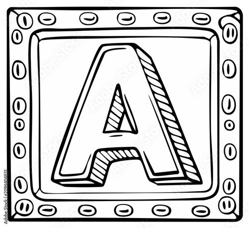 Stylized letter A in a decorative square frame hand drawn design element for alphabet or signage