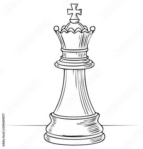 Digital drawing of an isolated chess king piece in black and white with a detailed crown and cross, perfect for illustrating strategy
