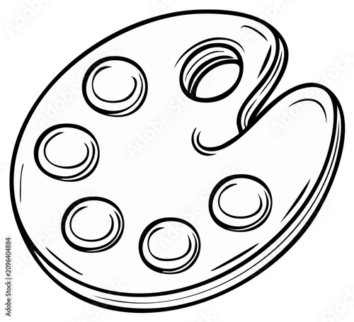 Black and White Line Art Illustration of an Artist's Paint Palette with Round Color Wells