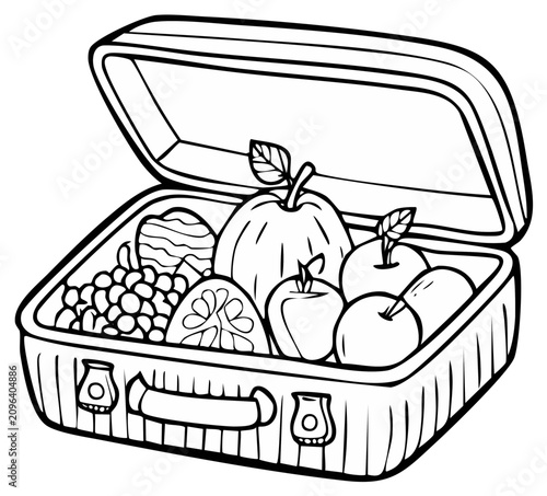 Black and white illustration of lunch box filled with healthy snacks and fruits