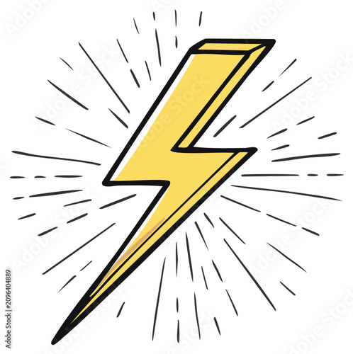 Cartoon yellow lightning bolt with sunburst effect illustration.