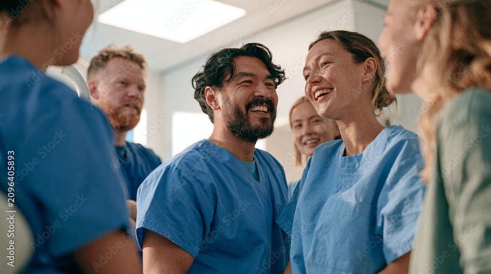 Fototapeta premium Hospital Staff Celebration: Surprised Reaction in Hospital Nursery