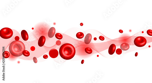 Cuadro en lienzo Digital illustration of abstract red blood cells and microscopic particles flowing against a white background with wavy lines, depicting health, medicine, and biological science