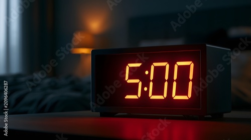Digital alarm clock displaying 5 AM on a bedside table in a dimly lit bedroom, emphasizing early morning hours, routine, and a tranquil start to the day