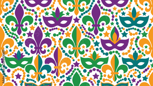 Photography Mardi Gras seamless pattern background with traditional fleur-de-lis, masquerade masks, and colorful beads in purple, green, and gold