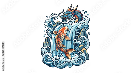 Blue dragon and orange koi carp with ocean waves