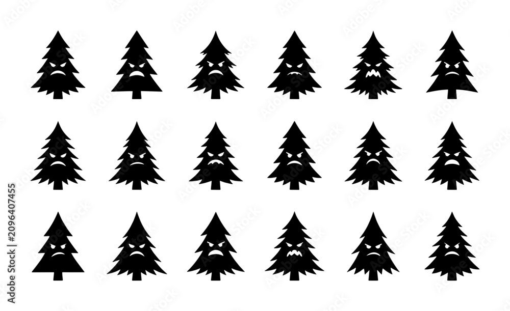 Obraz premium Grumpy Christmas Tree Vector Icons, Sad Evergreen Forest Symbols, Black Silhouette Festive Characters, Seasonal Holiday Design Elements