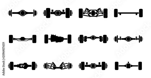 Automotive Axle Systems Vector Icons Set: Rear Drive, Front Wheel Drive, Electric Vehicle Drivetrain, Suspension Components, Car Parts Collection for Mechanical Engineering and Auto Repair