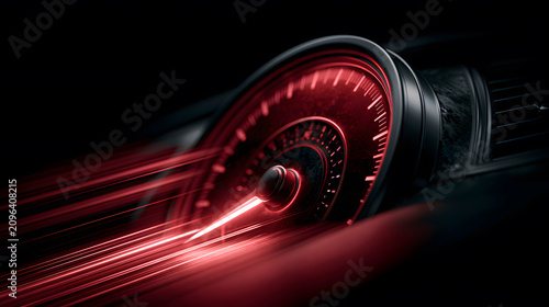 Dynamic automotive dashboard illuminated in vibrant red, displaying a speed or RPM gauge with blur trails symbolizing rapid movement, energy, and high performance on a dark background