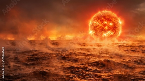 A fiery sun looms over a turbulent steaming ocean under an orange sky Global Warming