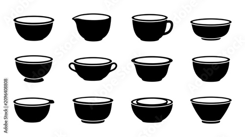 Photos Collection of 12 Black Ceramic Tea Cups and Bowls, Minimalist Vector Icons for B