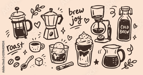 Photos Coffee brewing equipment and cafe drinks doodle vector illustration with hand dr