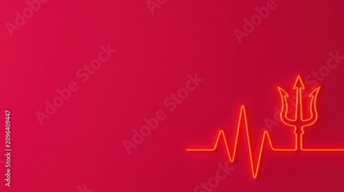 Neon pulse line connects to a glowing trident symbol on a red gradient surface Global Warming