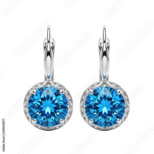 Blue crystal earrings, silver hook dangle jewelry, round brilliant cut gemstone, sparkling blue topaz
