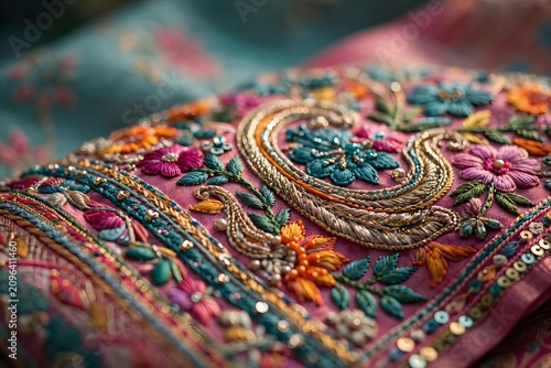 Macro shot of luxury Indian saree with intricate floral embroidery, traditional pink silk fabric with gold thread and beadwork