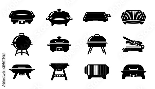 Canvas Print 12 Electric Grill and Griddle Icons, Barbecue and Hot Plate Vector Set, Kitchen