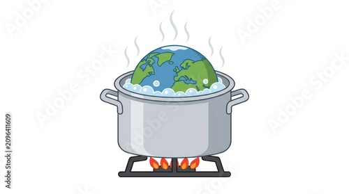 Planet Earth inside a boiling pot with steam rising on a stovetop burner Global Warming