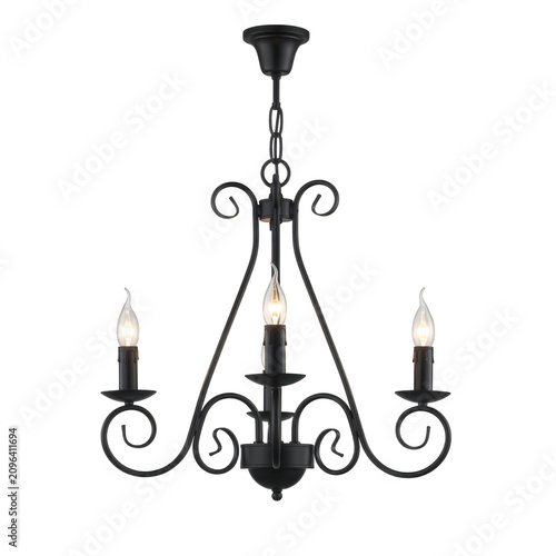 Black metal chandelier, modern hanging light fixture, three arm lamp, wrought iron pendant light