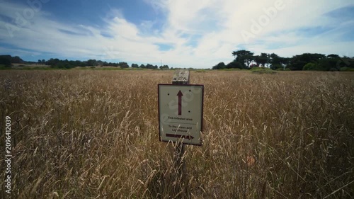 A sign alerts hikers about tick infestation risk at Point Cabrillo Lighthouse hiking trail in Mendocino California during a daytime visit.