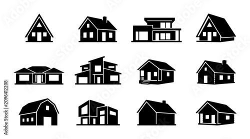 Modern and Classic House Icons, Architectural Building Silhouettes, Residential Property Vector Set, Diverse Home Styles Collection