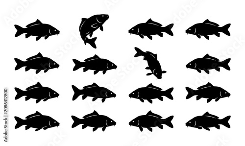 Collection of 16 Black Carp Fish Silhouettes, Aquatic Animals, Underwater Life, Vector Graphics for Seafood, Fishing, and Nature Designs