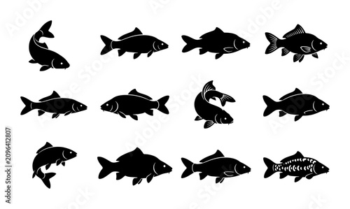 Set of 12 Black Carp Fish Silhouettes, Aquatic Wildlife Vector Icons, Underwater Creature Illustrations for Seafood and Fishing Concepts