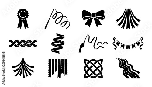 Ribbon and Award Icons: Decorative Elements, Celebration Symbols, Festive Banners, and Award Ribbons, Vector Graphics Set