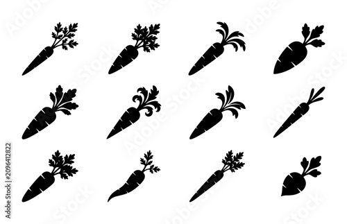 Diverse Carrot Icons Set, Fresh Root Vegetable Silhouettes, Organic Food Graphics, Healthy Eating Vector Collection