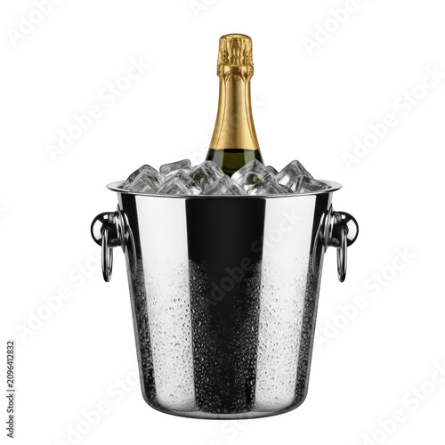 Champagne bottle in ice bucket, luxury drink setup, wine cooler, metallic bucket