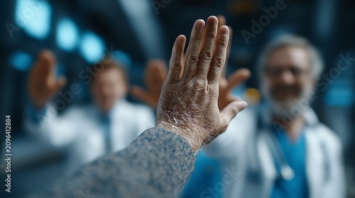 Health professionals engage with an elderly patient, providing reassurance and support in a modern medical facility
